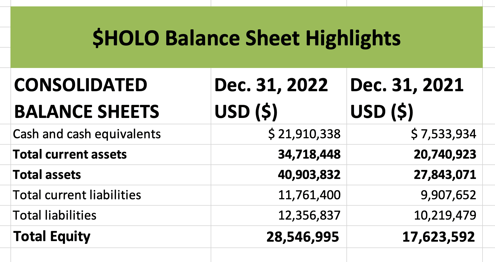 $HOLO Balance Sheet Highlights