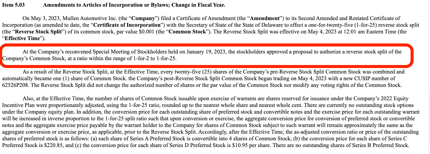 Mullen 25:1 Reverse Stock Split SEC Announcement 