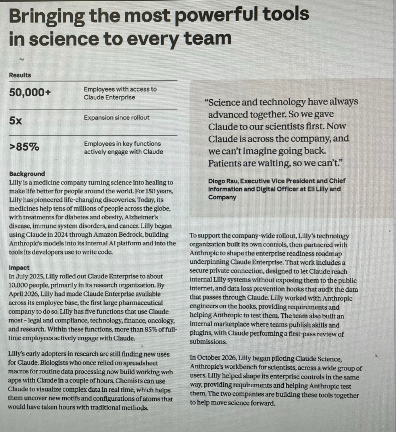 Anthropic’s Eli Lilly case study: 50,000+ employees with access, 5× expansion, more than 85% engagement in key functions