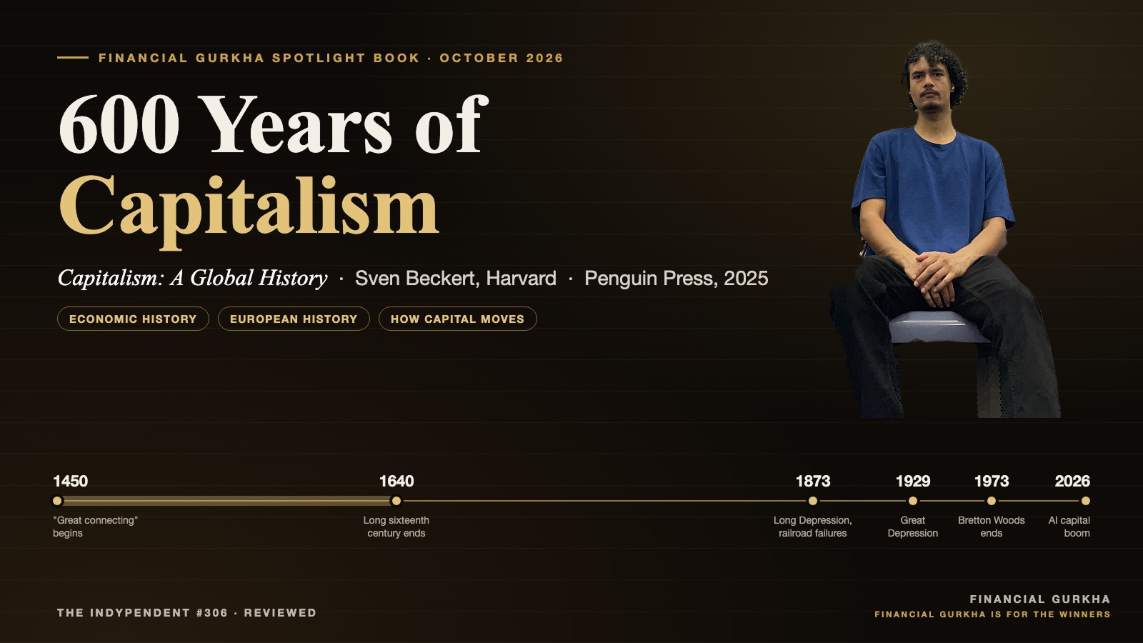 Financial Gurkha Spotlight Book, October 2026: 600 Years of Capitalism. Capitalism: A Global History by Sven Beckert of Harvard, Penguin Press 2025, with a timeline from the great connecting of 1450 to 1640 through the Long Depression of 1873, the Great Depression of 1929, the end of Bretton Woods in 1973 and the AI capital boom of 2026
