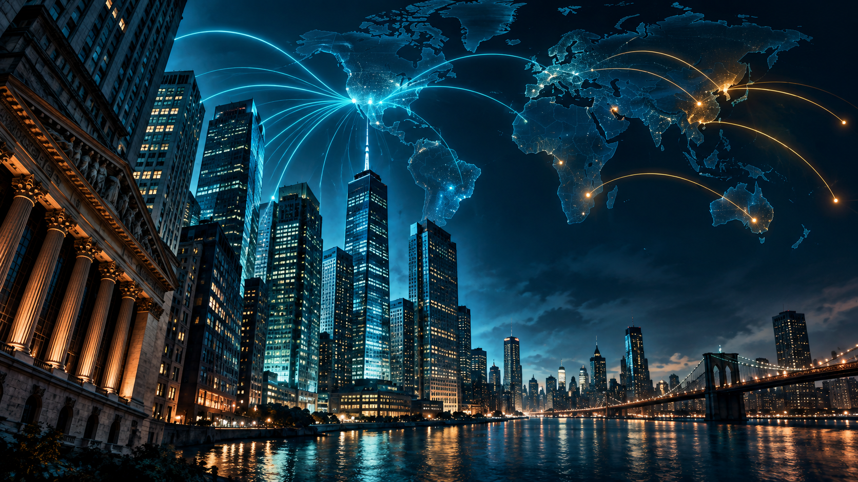 Conceptual illustration of Wall Street and global financial flows